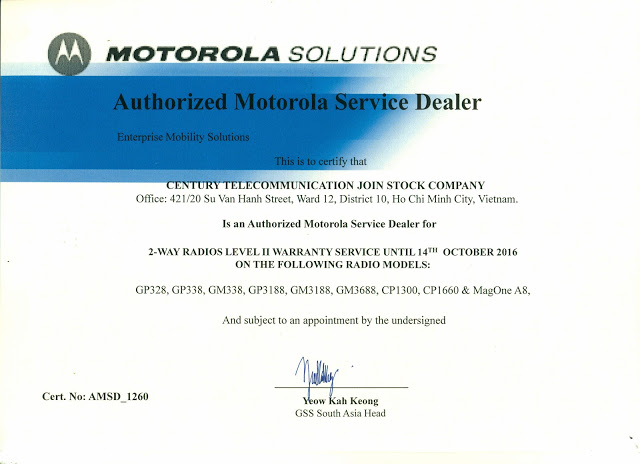 Chứng nhận nhà phân phối máy bộ đàm Motorola của HETHONGBODAM